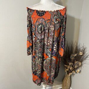Urban Mango Women Tunic Dress Multicolor Off Shoulder 3/4 Bell Sleeve Paisley M